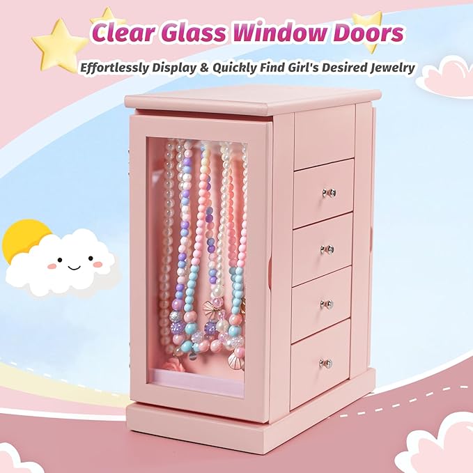 Jewelry Box for Girls, Musical Jewelry Box with Spinning Dancer Gifts for Little Girls Christmas New Year Birthday Children's Day, 5 Layer Large Wooden Kids Music Jewelry Organizer Box(Pink)