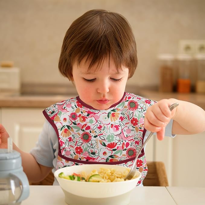 Mess Proof Baby Bib 3 Pack, Waterproof Led Weaning Baby Feeding Bibs with Food Catcher, Travel Feeding Bibs