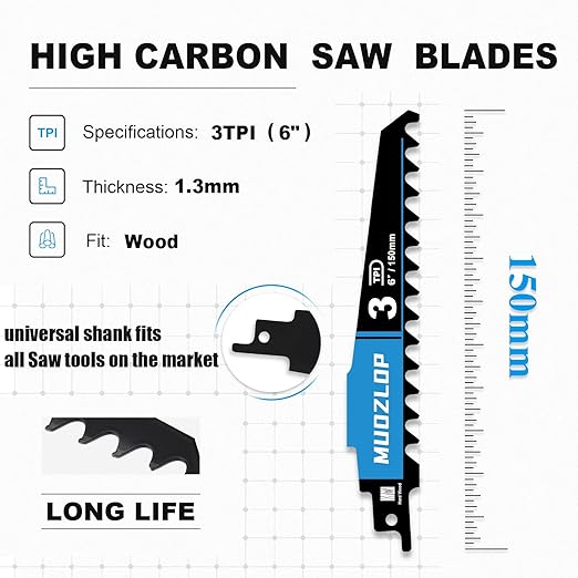 10 Pack 6 inch Reciprocating Saw Blades Set， 3 TPI High Carbon Saw Blades for Wood Cutting ，Saw Blades with Organizer Case (10, 3T/6inch)