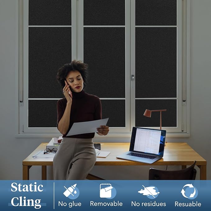 Haton Blackout Window Film, Frosted Privacy Cover for Glass, Sun Light Blocking Black Out Window Tint, Static Cling Room Darkening Heat Control Shades for Home Day and Night, Black 35.4" x 78.7"