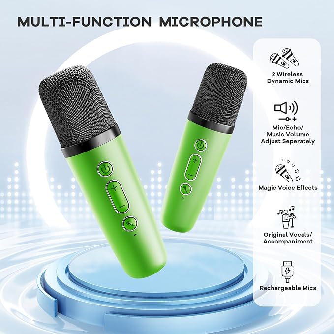 YLL Mini Karaoke Machine for Kids Adults, Portable Bluetooth Speaker with 2 Wireless Microphones, Birthday Gifts Toys for Girls Boys Ages 3, 4, 5, 6, 7, 8, 9,10,11,12+ Years Old Toddler (Green)