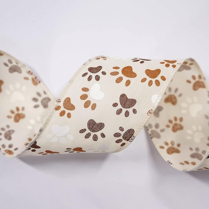 CT CRAFT LLC Ivory Canvas Dog Paw Wired Ribbon 2.5 Inch x 10 Yards for Christmas Home Decor Tree Topper Bow Gift Wrapping DIY Crafts Wreath Garland