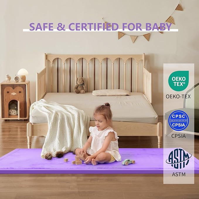 Play Mat for Babies Toddlers,1.3" Thick Elasti-Foam Anti-Fall Cushion Mat for Kids Room,28×72 Bedroom Bedside Rugs,Water-Repellent Soft Coral Velvet(Lavender)