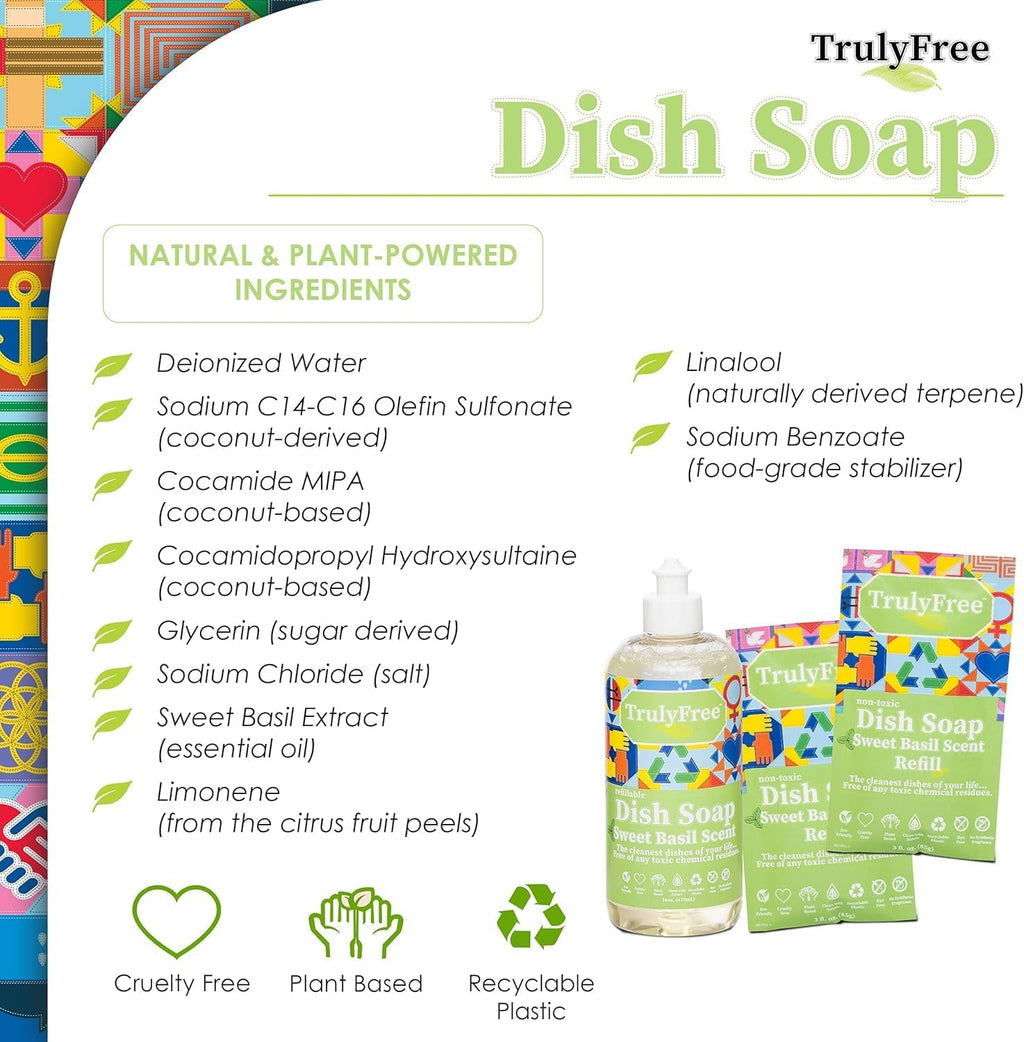 Truly Free Natural Concentrated Dish Detergent Dishwashing Liquid | Plant-Based Dish Soap | Sweet Basil Fresh Scent | Pack of 3