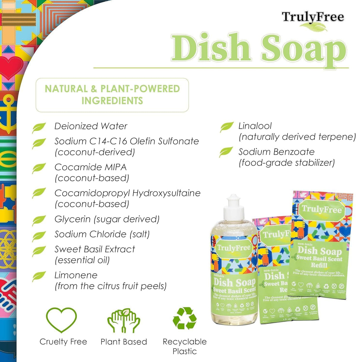 Truly Free Natural Concentrated Dish Detergent Dishwashing Liquid | Plant-Based Dish Soap | Sweet Basil Fresh Scent | Pack of 3