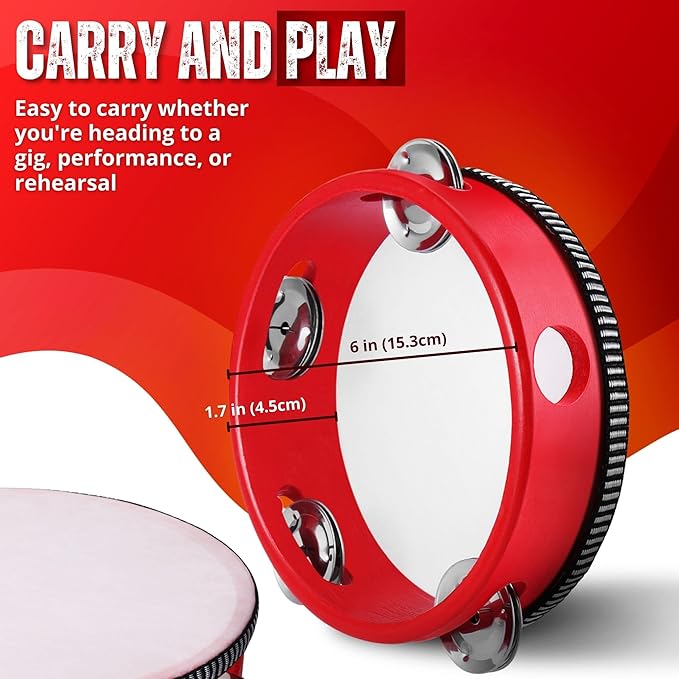 Flexzion Wooden Round Tambourine for Kids and Adults 6" Inch Single Row 8 Pair Jingles, Red Handheld Percussion Instrument for Beginner and Professional Tambourine Player