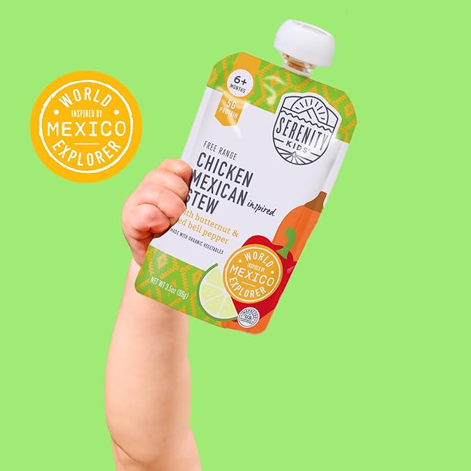 Serenity Kids 6+ Months World Explorers Mexican Chicken Baby Food Pouches - Chicken Mexican Stew - BPA-Free Organic Baby Food Puree with Protein & Veggies - 3.5 Oz, 6 Count
