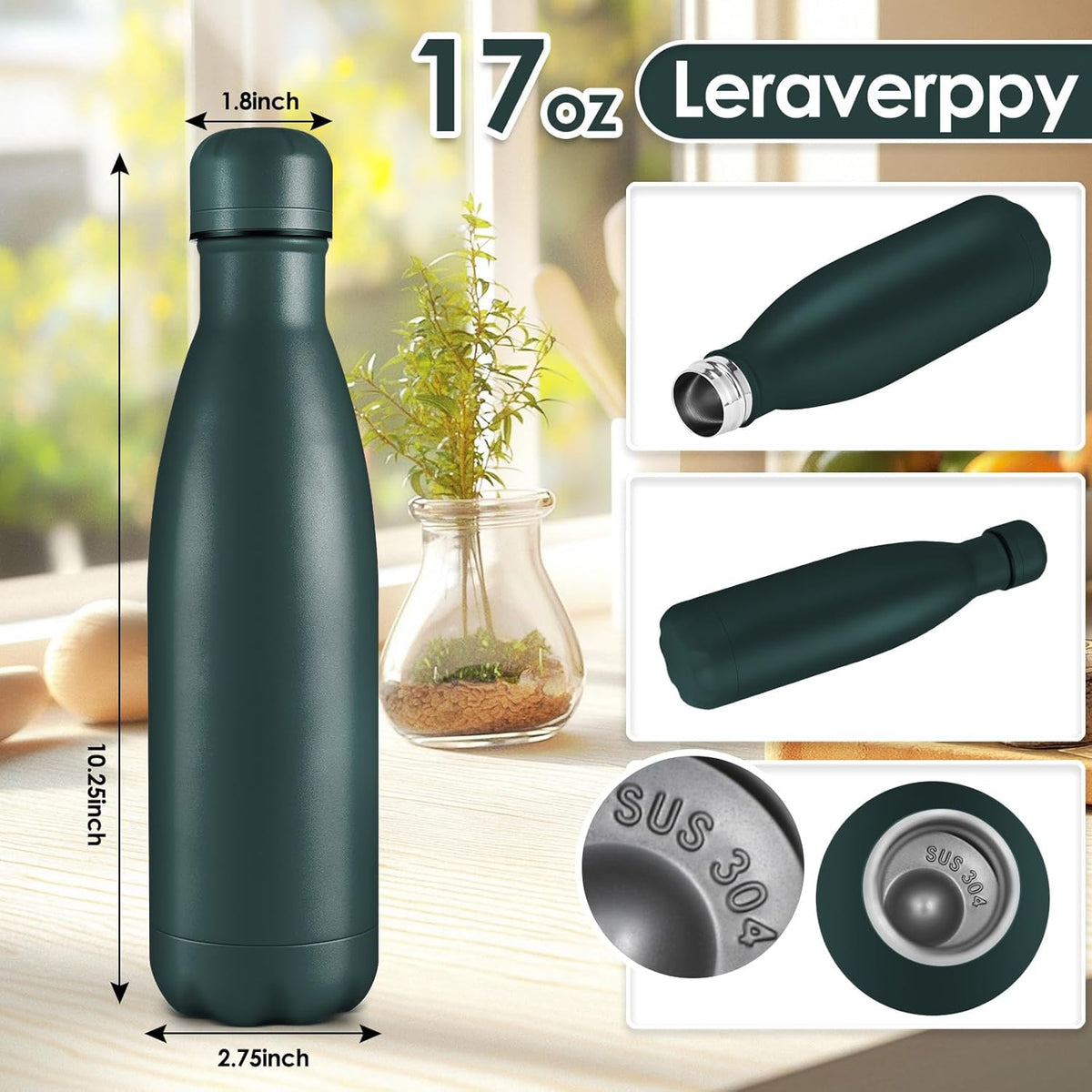 17oz Cola-Bottle Shaped Stainless Steel Leak-proof Water Bottle,Double Wall Vacuum Insulated Metal,Travel Mug For Sports Indoors & Outdoors,BPA-Free Kids Flasks,Army Green(4Pack)