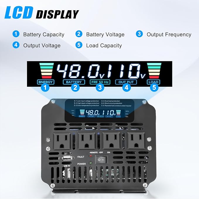 LVYUAN 5000 Watt Power Inverter 48V to 110V 120V for Vehicle, Solar Inverter System, Heavy Duty, RV, Truck, Off Grid,Camping with 4 AC Outlets, LCD Display, Wireless Remote Control, Car Power Inverter