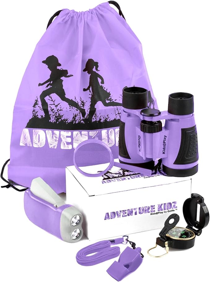 Adventure Kidz - Outdoor Exploration Kit, Children’s Toy Binoculars with Case, Flashlight, Compass, Fox Whistle, Magnifying Glass, Backpack. Great Kids Set for Camping, Hiking, STEM, Pretend Play.