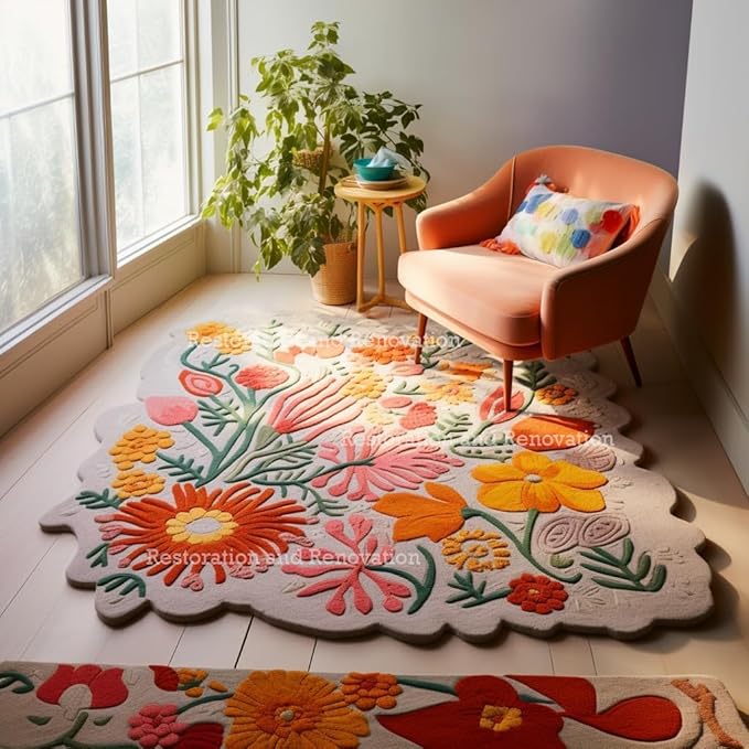 Handmade Wool Floral Area Rug for Living Room | Elegant Flower Garden Design, Soft, Thick and Durable | Bedroom, Dining Room & Home Decor Carpet (5' x 7', Floral C)