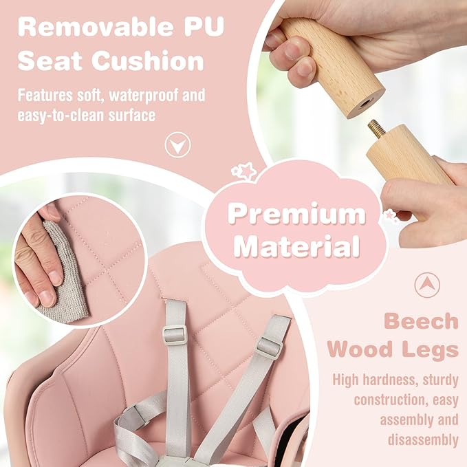 BABY JOY Baby High Chair, 6 in 1 Convertible Wooden High Chair for Babies & Toddlers with Adjustable Legs, Double Removable Tray, Safety Harness & Waterproof PU Cushion (Pink)