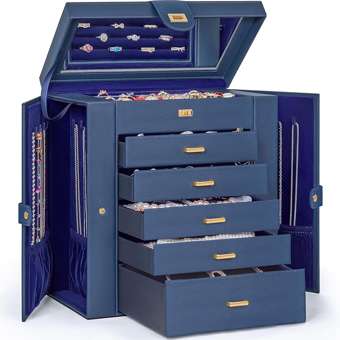 AKOZLIN Extra Large 6-Tier Jewelry Box Organizer Functional Huge, 5 Drawers Leather Jewelry Storage Case for Women Girls Ring Necklace Earring Bracelet Holder Organizer with Mirror Blue