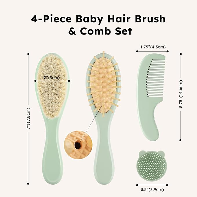 Yoofoss 4 Piece Baby Hair Brush and Comb Set，Wooden Baby Hair Brush with Natural Ultra Soft Goat Hair, Baby Comb Set for Boy, Girl - Green