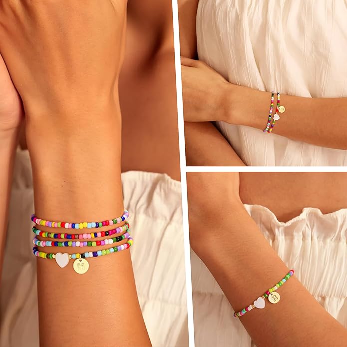 M MOOHAM 4PCS Initial Bracelets for Women Girls - Colorful Beaded Bracelet Heart Initial Bracelet for Women Stackable Layered Boho Bracelets Jewelry Gifts for Kids Teen Girl