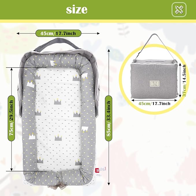 Baby Lounger for Newborn Portable Bag,Baby Lounger Play Mat for Awake-Time,Newborn Babies Essentials Gifts 0-24 Months Home Travel(Crown Grey)