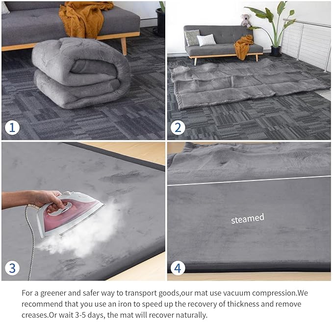 Baby Play Mat for Floor,1.3" Thick Memory foam Tummy Time Mat,Water Repellent Soft Velvet Nursery Rug,Extra Large Non Slip for Crawling,Toddlers,Infants,kids,Tatami Style for Living Room(Dark Grey)
