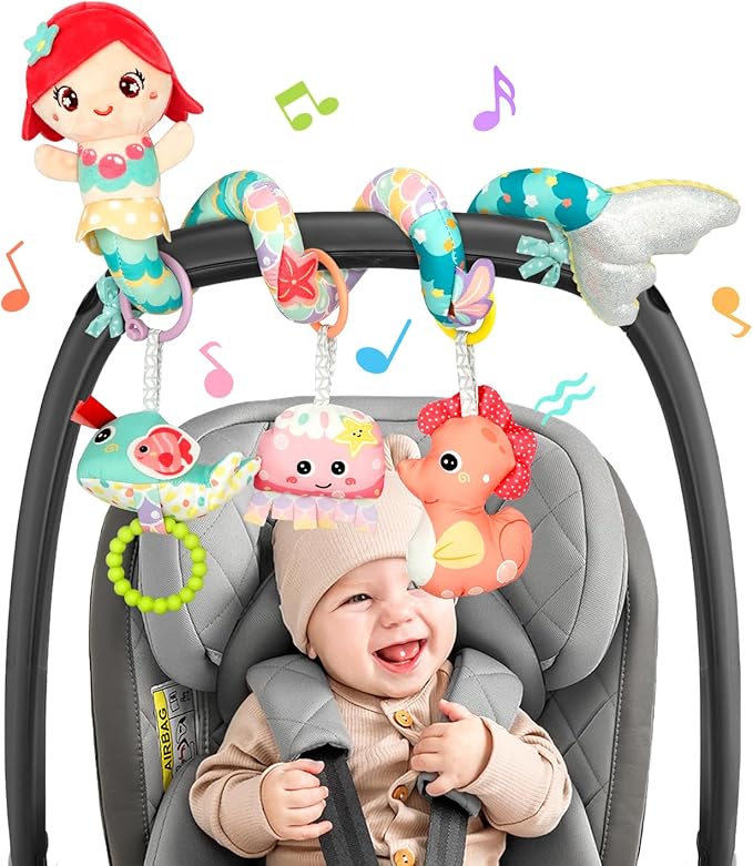 Carseat Toys Hanging Car Seat Toys for Babies 0-6 Months Boy Girl, Mermaid Stroller Toy Newborn Infant Sensory Baby Toy 0-6 Months with Music Rattle Teether, Gift for 0 3 6 9 12 Months