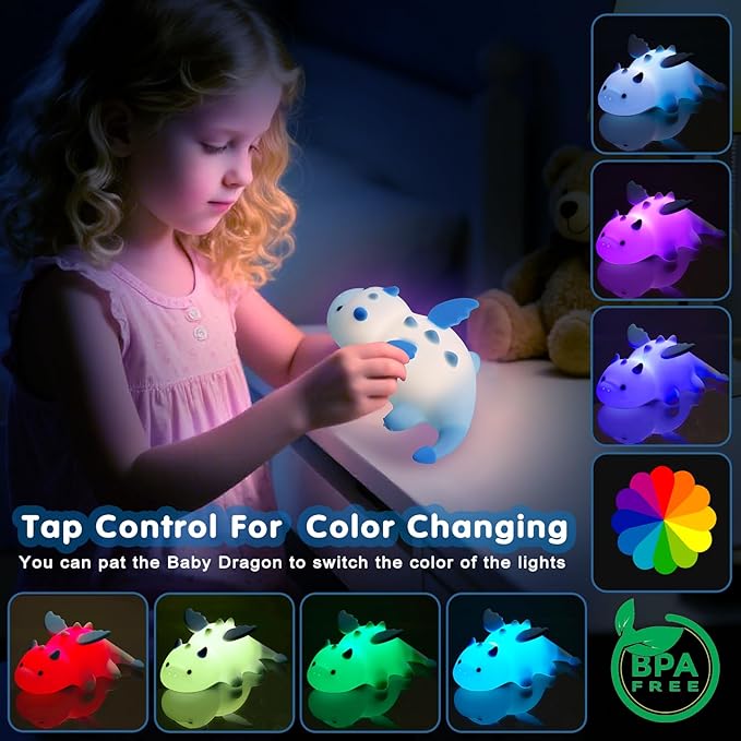 Cute Baby Dragon Kids Night Light for Kids,Cute Soft Silicone Lamp 3 Level Dimmable Changing Rechargeable Breastfeeding Nursery Portable Kawaii Lamps,Bedside Lamp for Baby and Toddler,Boy Girls（Blue）