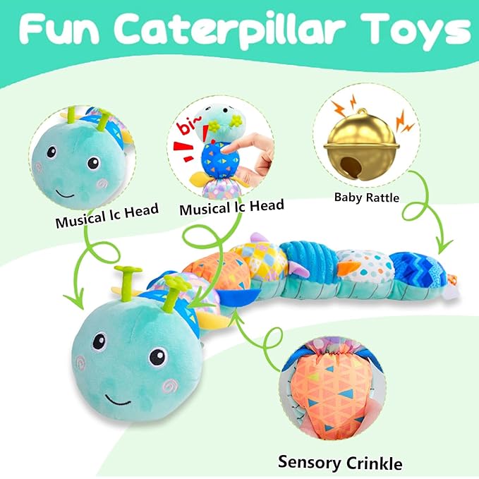 Baby Sensory Toys 0-12 Months, Plush Toys with Music and Rattle, Suitable for Newborn Baby Tummy time, can be Used as a Newborn Birthday, Holiday, Baptism Gift (Blue Caterpillar)