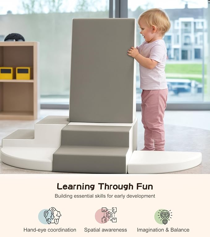 6-Piece Climb and Crawl Activity Play Set, Soft Foam Climbing Blocks for Toddlers with Wipe-Clean PU Leather, Anti-Slip Climbing Toys for Toddlers 1-3 Inside for All-Around Development, Gray & White