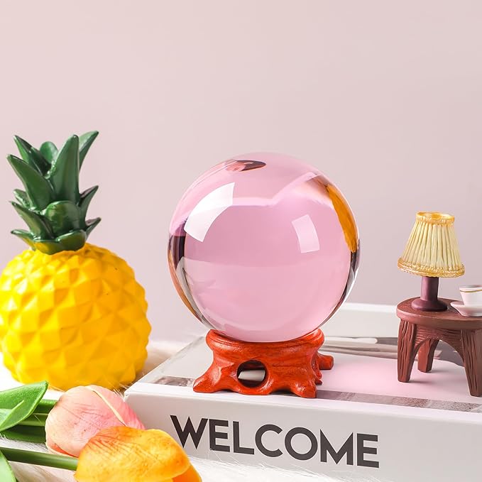 Pink Crystal Ball 80mm/3.1 inch with Rose Wooden Stand and Gift Box for lensball Photography,Fortune Teller,Feng Shui, Witchcraft Decor,Scrying,Magic,Quartz Crystal Orb Prop Decorative Glass Sphere