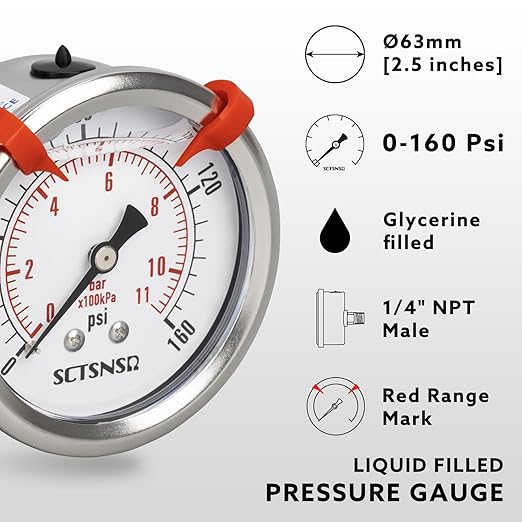 0 to 160 Psi Pressure Gauge, Glycerin Liquid Filled, 2.5 inch Dial, 1/4" NPT Back Mount, Stainless Steel Case, for Air Compressor, Well Pump, Water, RV, Tire, CO2, Pipe, Gas, Pressure Test