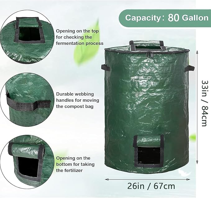 Big Compost Bag - 80 Gallon(300L) Garden Compost Bin for Yard Garbage Cans (Green 1pc)