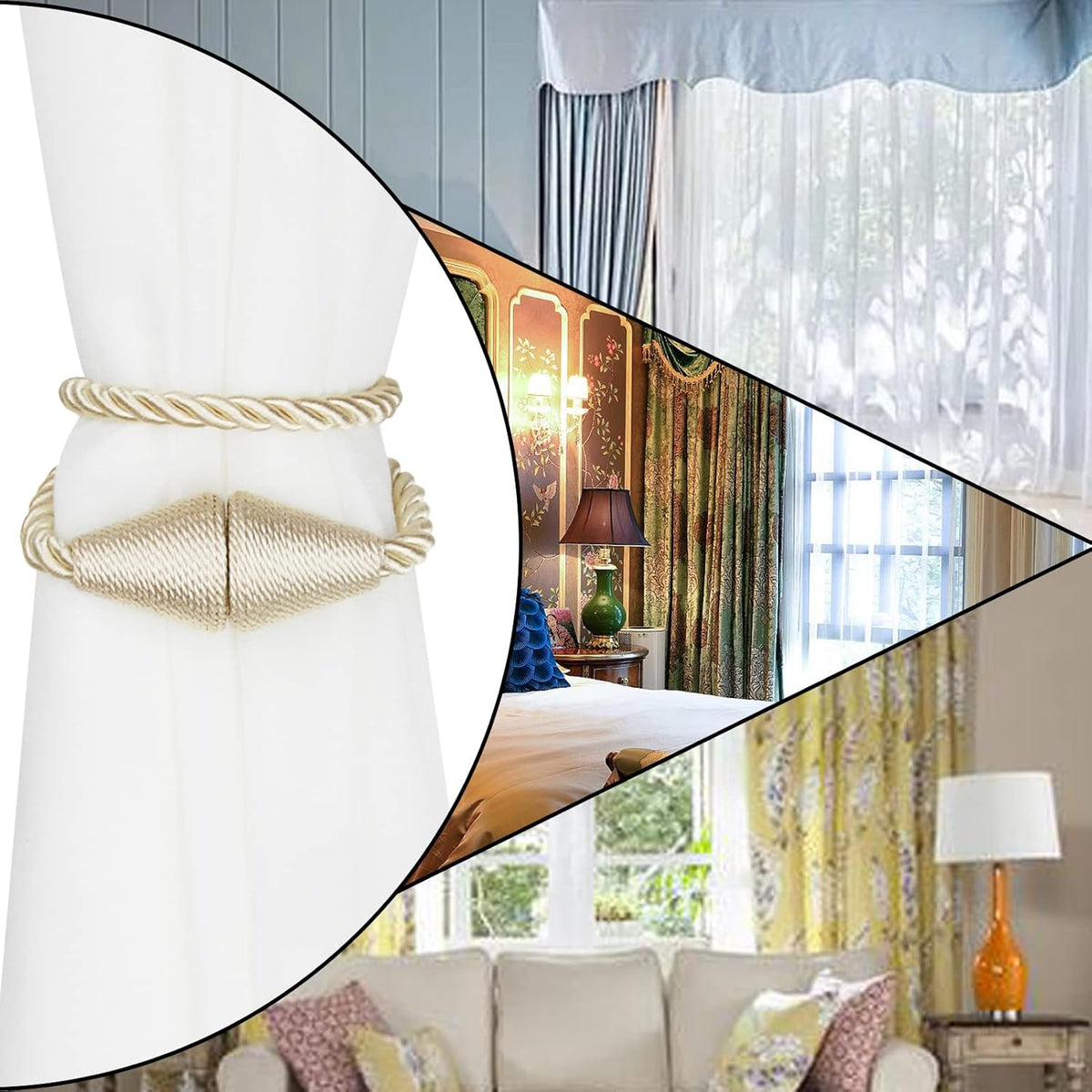 6 Pack Magnetic Curtain Tiebacks Rope Modern Handmade Curtain Tie Backs Decorative Drapes Weave Holdbacks for Window Décor, Beige
