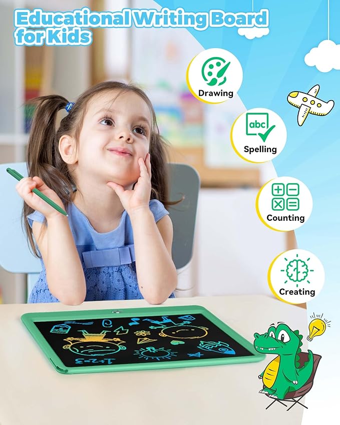KOKODI 12 Inch LCD Writing Tablet with Anti-Lost Stylus Erasable Doodle Board Colorful Toddler Drawing Pad Car Travel School Games Toys for 3 4 5 6 7 8 Kids Birthday Gift for Girls Boys Adults Green