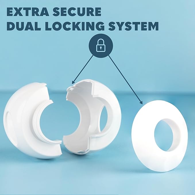 Baby Proofing Door Knob Covers 4 Pack - Easy to Install Child Safety Locks for Doors, Durable & Reusable Child Proof Door Lock, Dual-Lock & Versatile Design, Fits Round Doorknobs, White