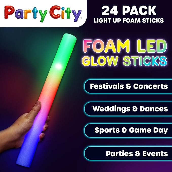 Party City 24pk LED Foam Glow Sticks 14”- Glow in the Dark Party Supplies Favors, Colorful Flashing Wand with 3 Modes, Light Up Foam Sticks Bulk Party Pack for Wedding, Birthday, Concert, Halloween