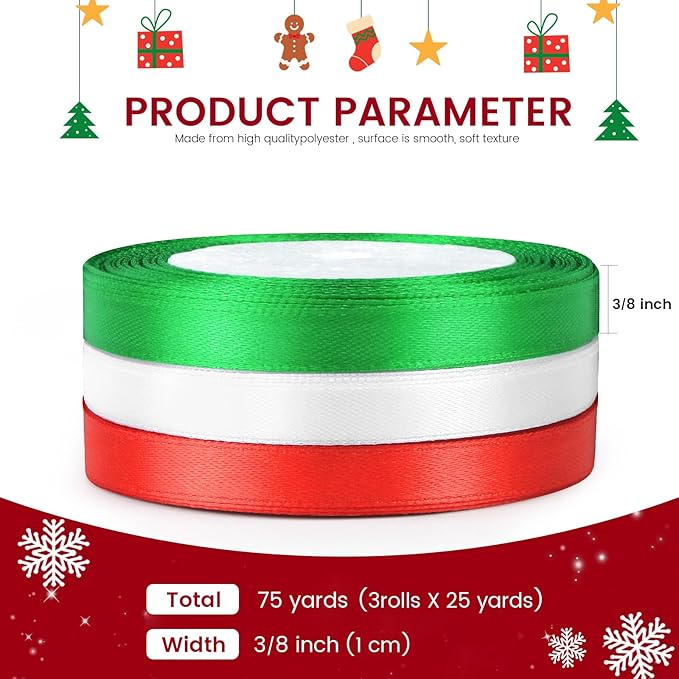 3/8" Ribbon Set - Red White and Green Ribbon (25 Yards Each) | Perfect for Gift Wrapping, St. Patrick's Day Mother's Day Crafts, Hair Bow, and Holiday Decor