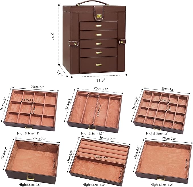 AKOZLIN Large 6-Tier Jewelry Box Organizer Functional Huge Lockable,5 Drawers Leather Jewelry Storage Case for Women Girls Ring Necklace Earring Bracelet Holder Organizer with Mirror Brown
