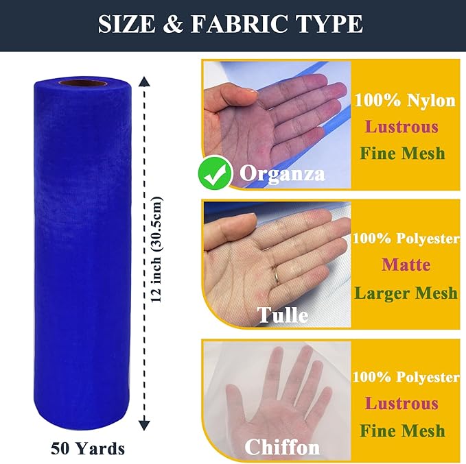 Royal Blue Organza Tulle Fabric Rolls, Crystal Organza 12" by 50 Yards (150 ft) Sheer Nylon Silky Shiny Netting Spool Bolt for DIY Craft Table Runner Wedding Baby Shower Party Decor (Royal Blue)