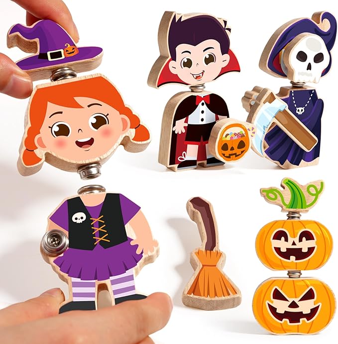 HUZU Halloween Snap Together Dress Up Building Blocks Toys, Witch Vampire Skeleton Pumpkin Take Apart Characters, 3 4 5 6 7 8 Years Old Kids Wooden Puzzle, STEM Fine Motor Skill Halloween Party Gift
