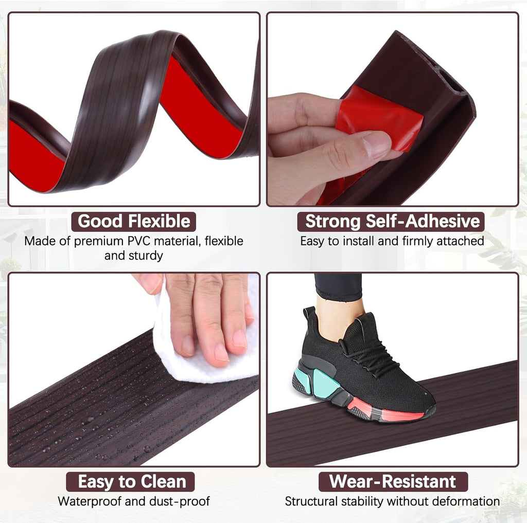 Vinyl Door Threshold Flooring Transition Strip Self Adhesive Carpet Edging Strip for Laminate Doorway Edge Threshold from 3/5" to 4/5" (Black Walnut Wood Grain, 6.6 Ft)