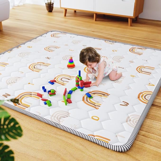 Boho Rainbow Baby Play Mat 50" X 50" Playpen Mat Thicken One-Piece Baby Crawling Mat Non-Slip Cushioned Baby Floor Mat Activity Playmats for Infants, Babies, Toddlers (50X50, Letters+Number)