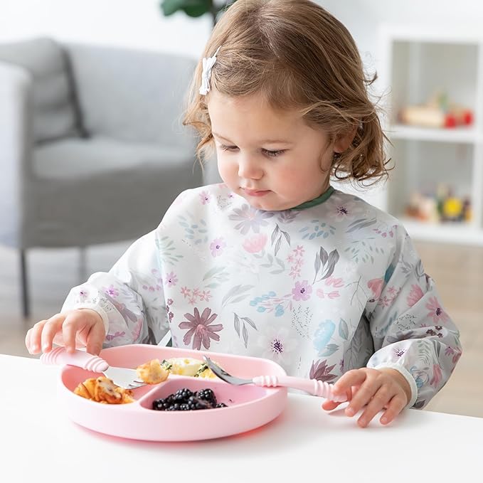 Bumkins Toddler Utensils, Kids Fork and Spoon Set, Silicone and Stainless-Steel Silverware, Angled Forks / Sporks for Self-Feeding, Children Training Flatware Cutlery for 18 Months Up, Pink
