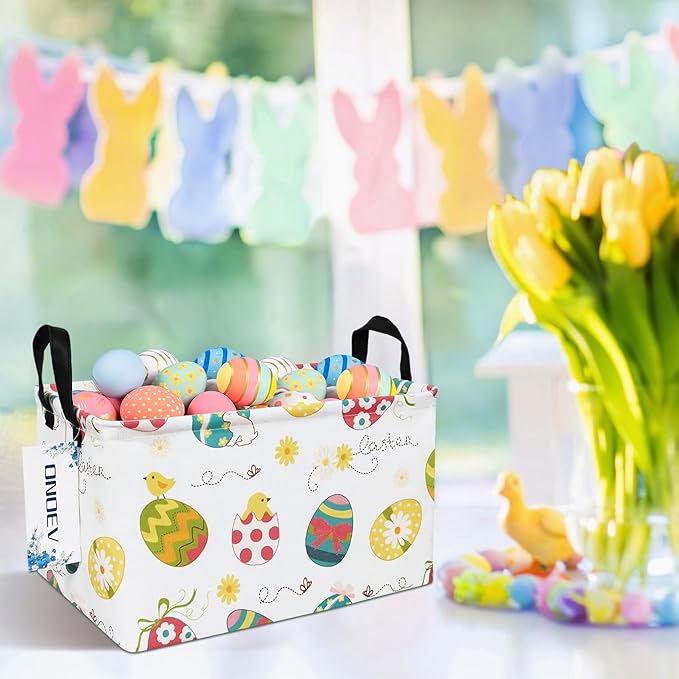 Rectangular Folding Laundry Basket,waterproof Canvas Basket,gift basket,Suitable for children's room,Office,Clothes,Toys Storage(Easter Eggs)