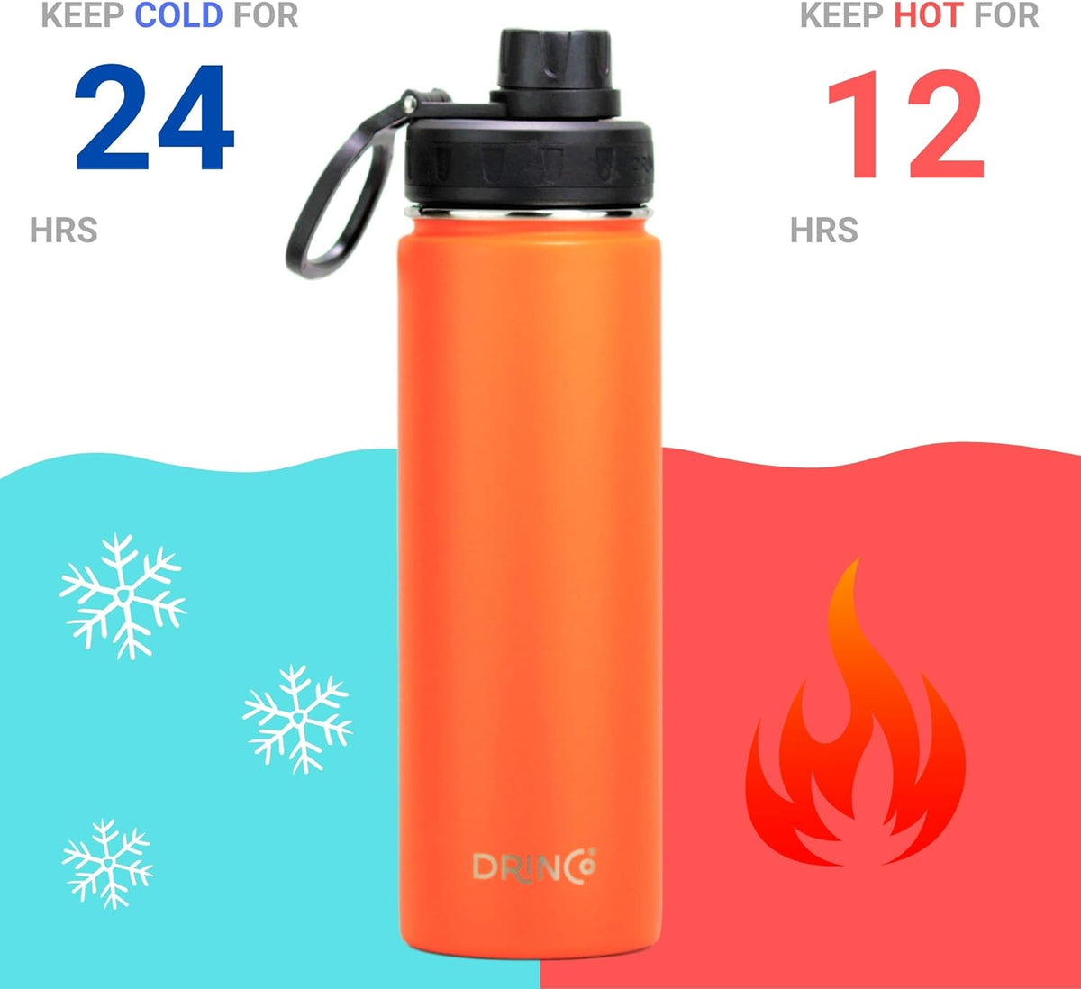 DRINCO Stainless Steel Water Bottle Spout Lid Vacuum Insulated Double Wall Water Bottle Wide Mouth (40oz 32oz 22oz 18oz 14oz) Leak Proof Keep Cold Sport Camping Hiking (22 oz, 22oz Orange)