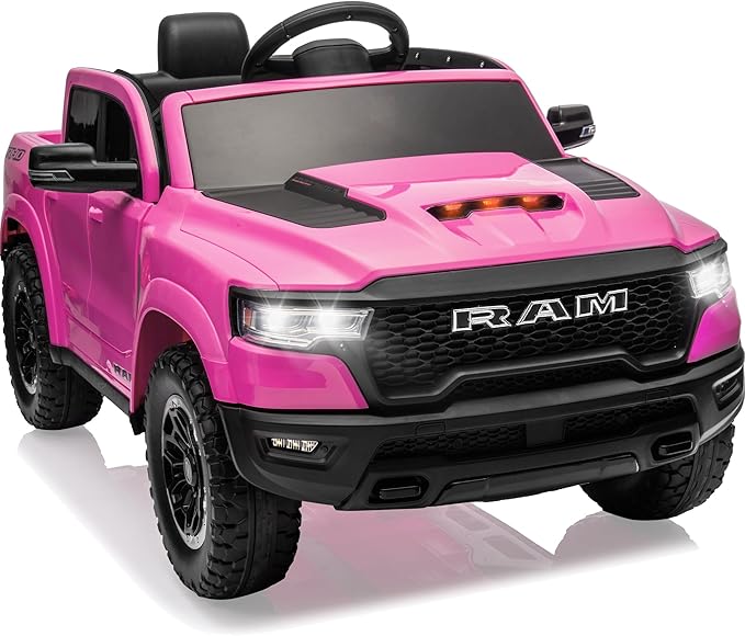 Licensed Ram 1500 12V Ride on Toys, Kids Ride on Car with Remote Control, Electric Vehicle for Toddler with Smooth Start, Pickup Truck Bed Storage, Spring Suspension, Aux Port (Pink)