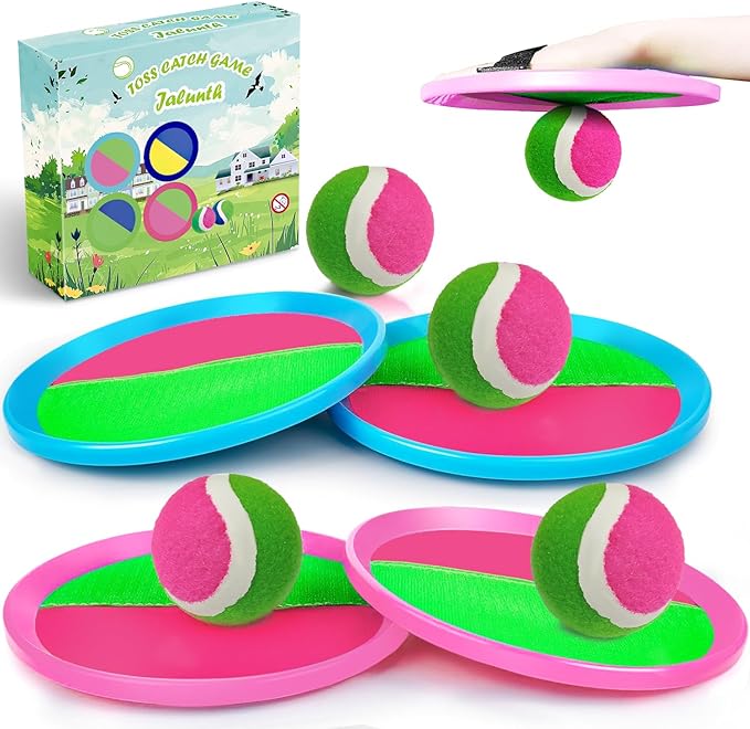 Jalunth Ball Catch Set Games Toss Paddle - Beach Toys Back Yard Outdoor Pool Backyard Camping Throw Age 3 4 5 6 7 8 9 10 11 12 Years Old Boys Girls Kids Adults Family Pink Blue Gifts 2 Pack