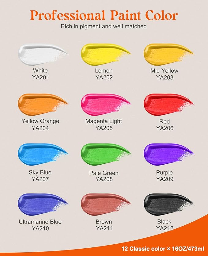 Acrylic Paint Set, 12 Colors Acrylic Paint Large Bottle Set, 16OZ Each, Rich Pigmented Canvas Paint, Premium Non-toxic Paints for Artists, Acrylic Paint Set for Kids & Adults, Art Supplies for Canvas