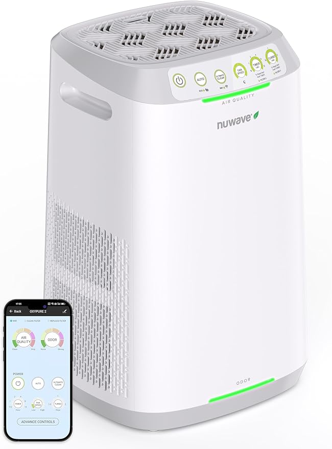 Nuwave Oxypure Zero E500 Air Purifier with Washable Reusable Filters for Large Room | Smart Air Cleaners 99.9% Removal 0.1 Micron Particles | Sleep Mode, 6 Fan Speed & Timer, App Control