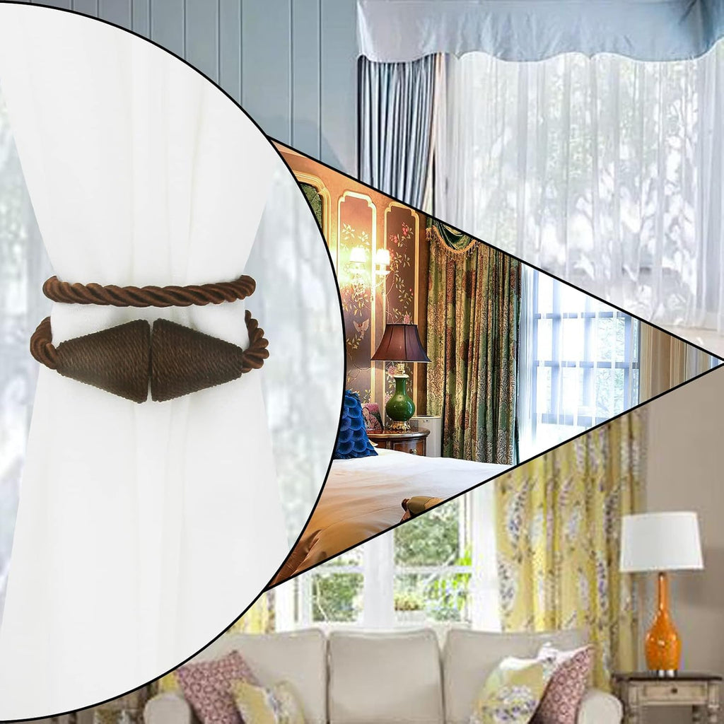 6 Pack Magnetic Curtain Tiebacks Rope Modern Handmade Curtain Tie Backs Decorative Drapes Weave Holdbacks for Window Décor, Coffee