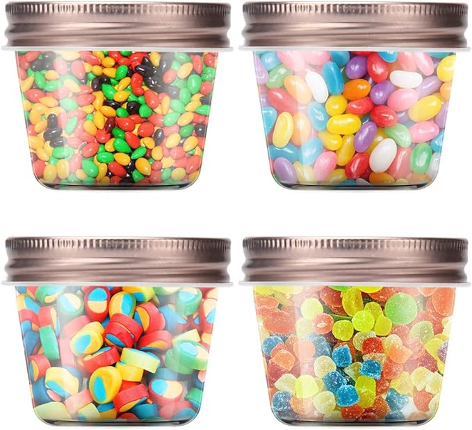 novelinks 4 oz Clear Plastic Jars with Rose Gold Lids – Small Round Refillable Storage Containers for Spices, Food, Crafts, and DIY Gifts – BPA-Free, Leakproof, 20 Pack