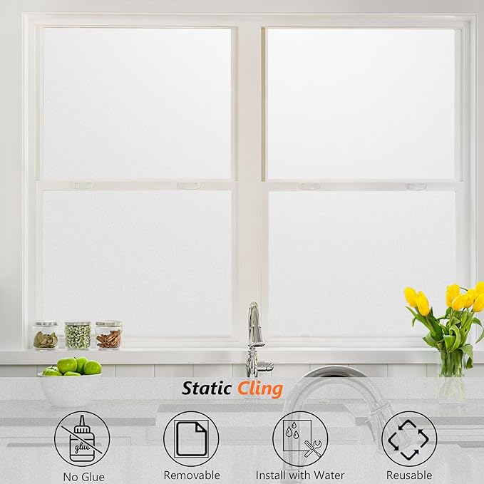 Kromapolis Window Privacy Film Frosted Glass Window Film, Heat Blocking Privacy Film for Glass Windows, Static Cling Non-Adhesive Frosting Window Stickers for Door Home (Frosted, 17.5 x 157.4 inch)