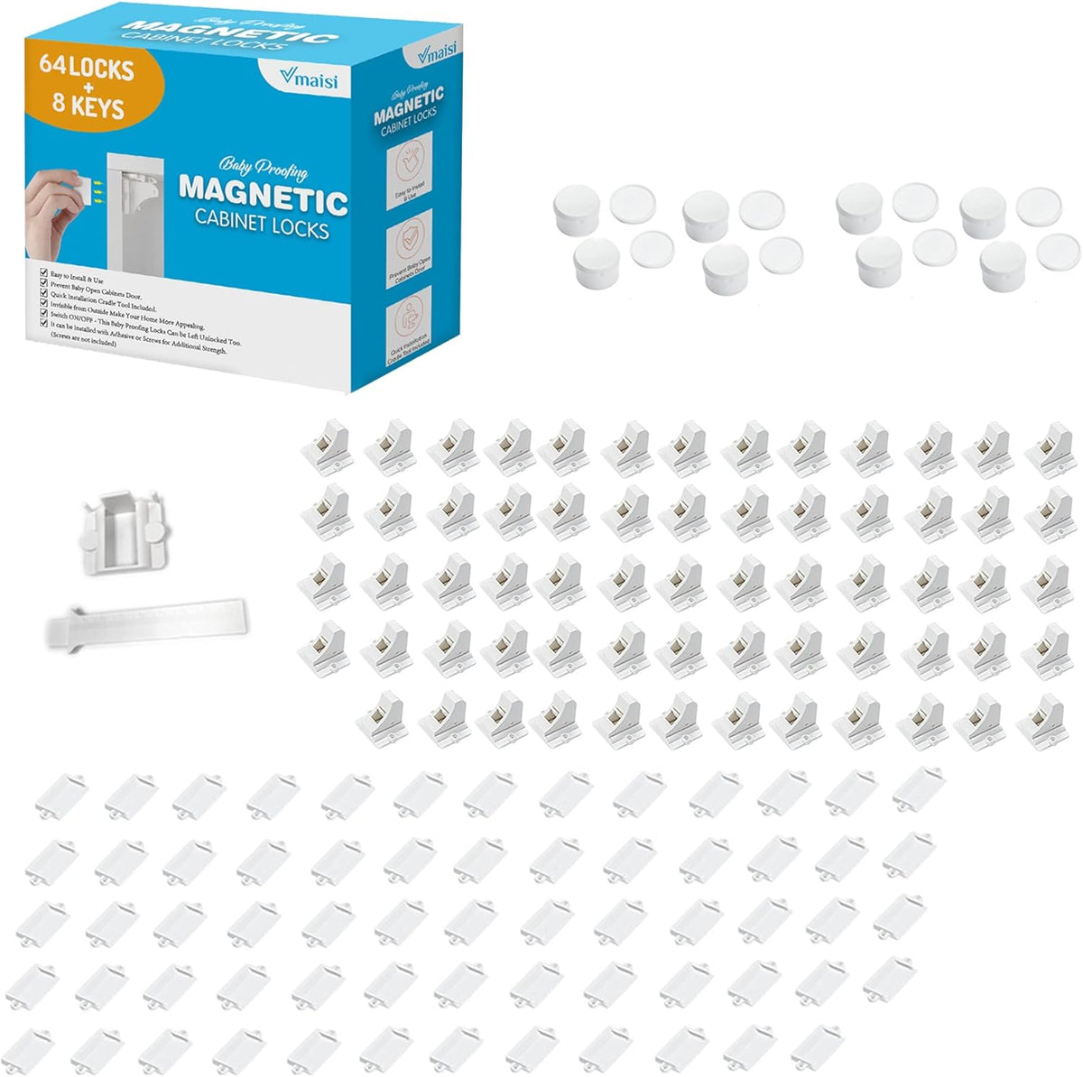 Vmaisi Adhesive Magnetic Locks for Cabinets & Drawers (64 Locks and 8 Keys)