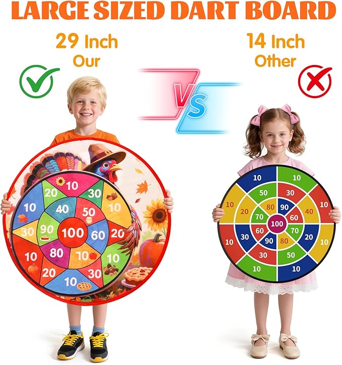 Thanksgiving Games: 29" Turkey Dart Board with PE Sticky Balls for Kids | Double-Sided Christmas Santa Toss Games for Family Party | Indoor & Outdoor Darts Set, 8 Polyethylene Balls & Darts